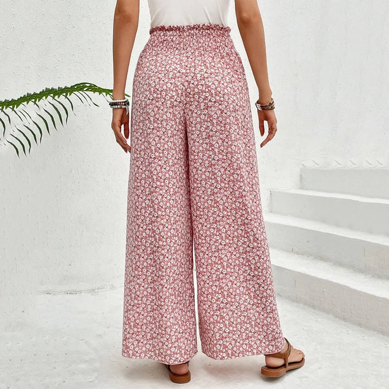 Olivenorma Damenhose mit Blumenmuster, hohem Bund, Kordelzug und weitem Bein