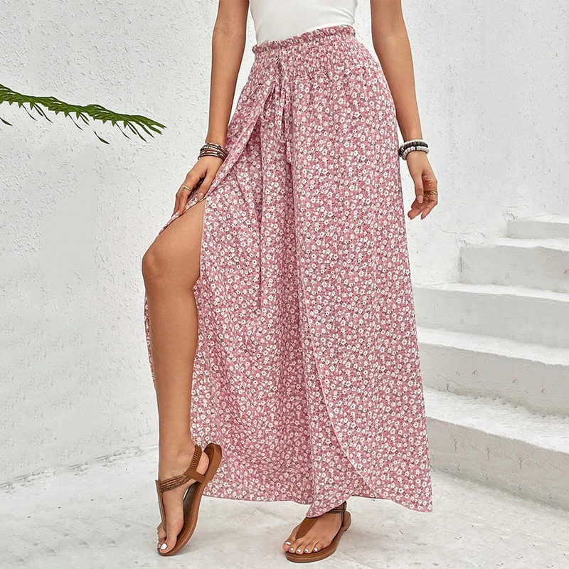 Olivenorma Damenhose mit Blumenmuster, hohem Bund, Kordelzug und weitem Bein