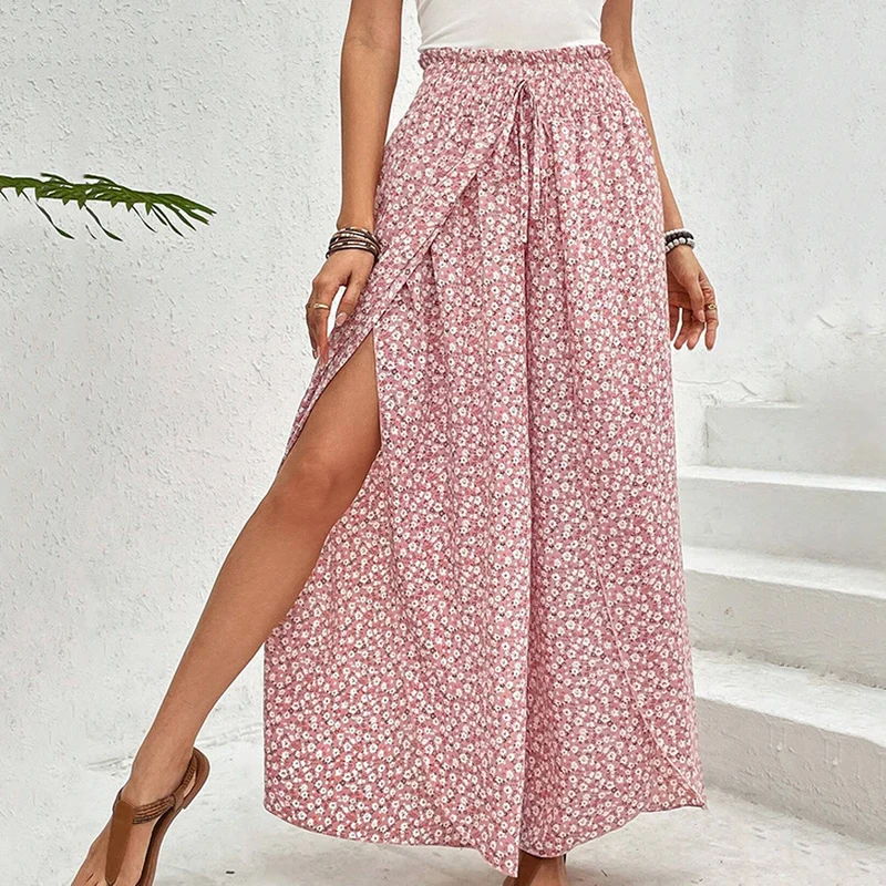 Olivenorma Damenhose mit Blumenmuster, hohem Bund, Kordelzug und weitem Bein