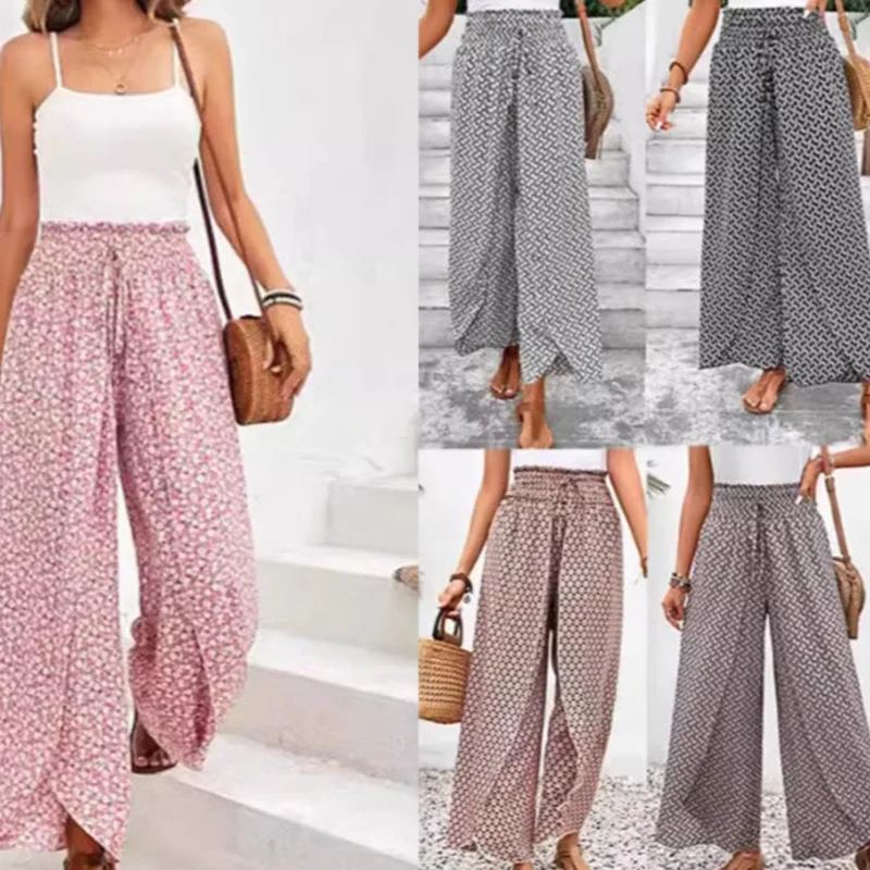 Olivenorma Damenhose mit Blumenmuster, hohem Bund, Kordelzug und weitem Bein