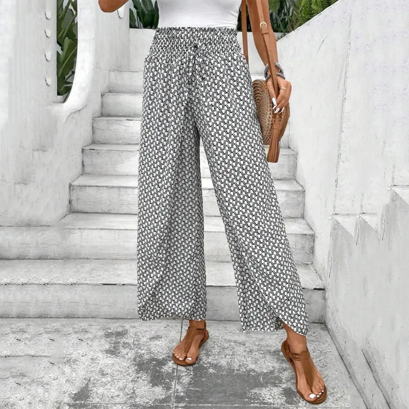 Olivenorma Damenhose mit Blumenmuster, hohem Bund, Kordelzug und weitem Bein