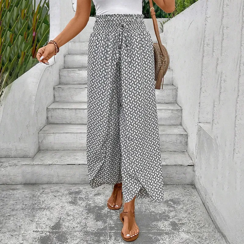 Olivenorma Damenhose mit Blumenmuster, hohem Bund, Kordelzug und weitem Bein