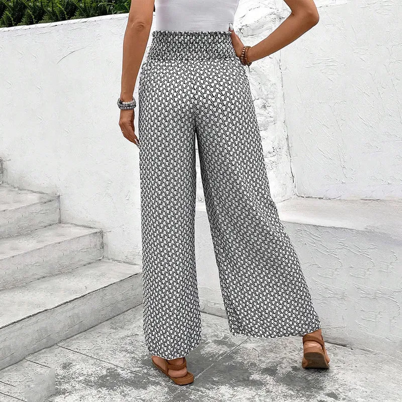 Olivenorma Damenhose mit Blumenmuster, hohem Bund, Kordelzug und weitem Bein