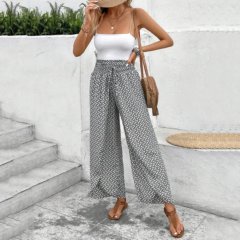 Olivenorma Damenhose mit Blumenmuster, hohem Bund, Kordelzug und weitem Bein