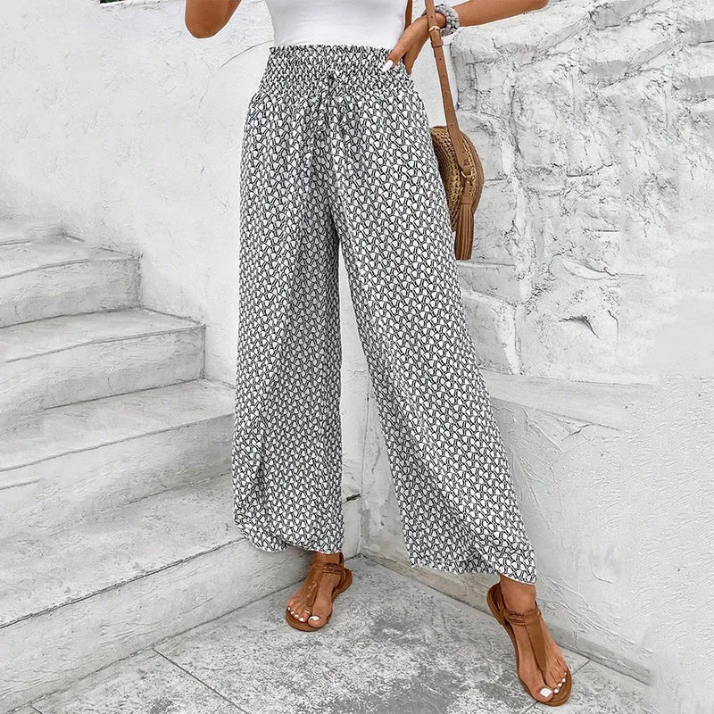 Olivenorma Damenhose mit Blumenmuster, hohem Bund, Kordelzug und weitem Bein