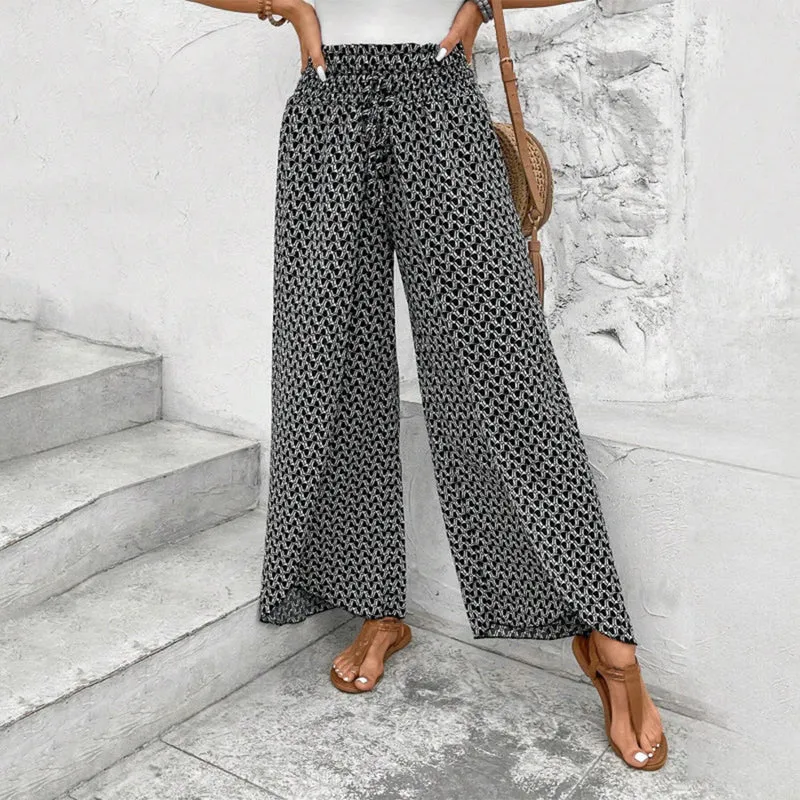 Olivenorma Damenhose mit Blumenmuster, hohem Bund, Kordelzug und weitem Bein