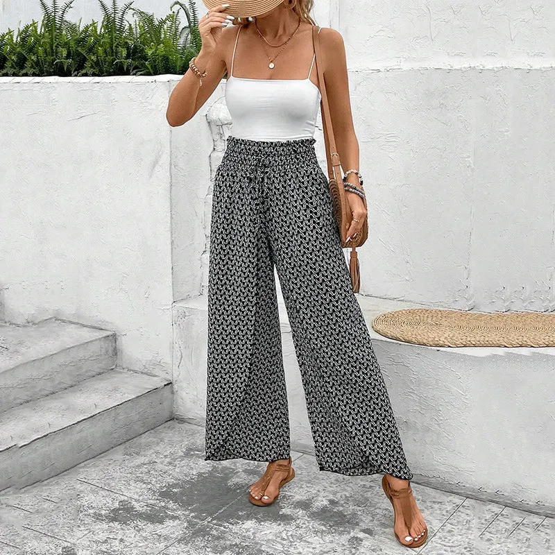Olivenorma Damenhose mit Blumenmuster, hohem Bund, Kordelzug und weitem Bein
