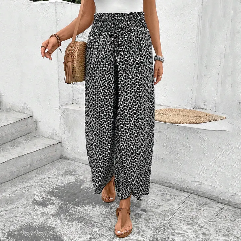 Olivenorma Damenhose mit Blumenmuster, hohem Bund, Kordelzug und weitem Bein