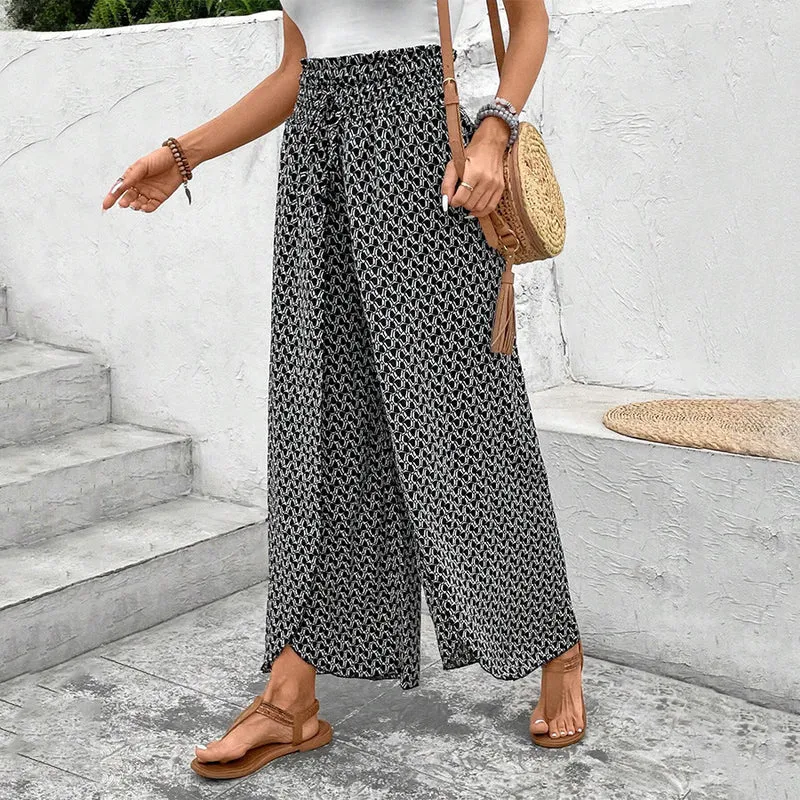 Olivenorma Damenhose mit Blumenmuster, hohem Bund, Kordelzug und weitem Bein