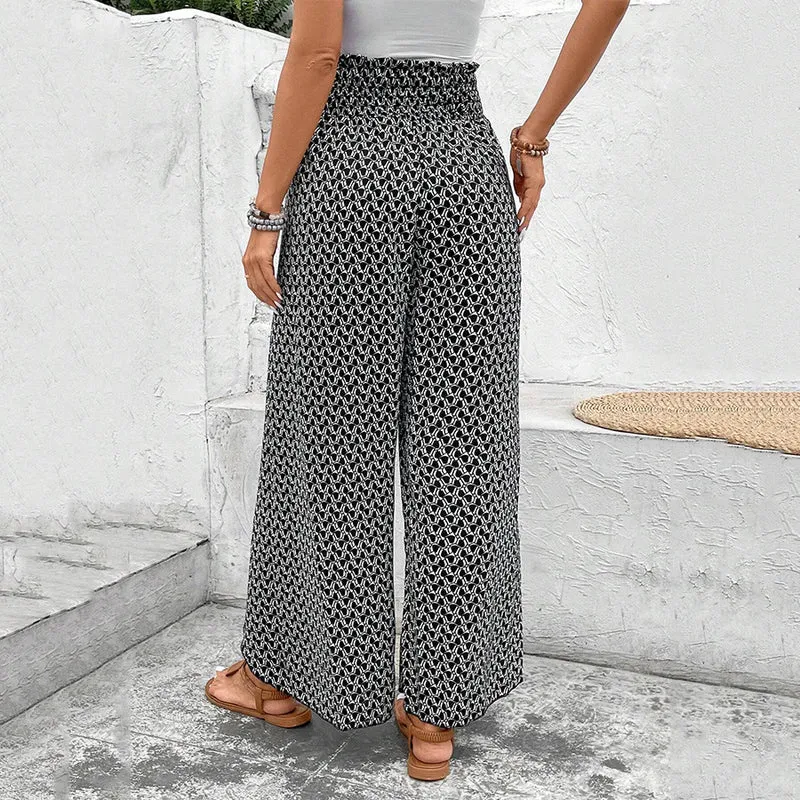 Olivenorma Damenhose mit Blumenmuster, hohem Bund, Kordelzug und weitem Bein