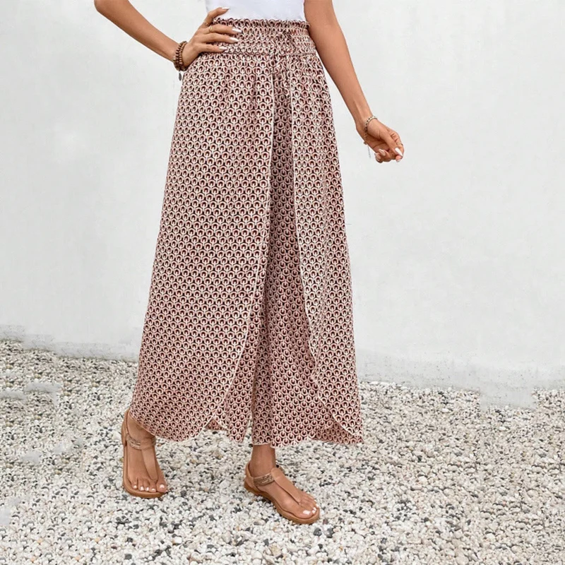 Olivenorma Damenhose mit Blumenmuster, hohem Bund, Kordelzug und weitem Bein