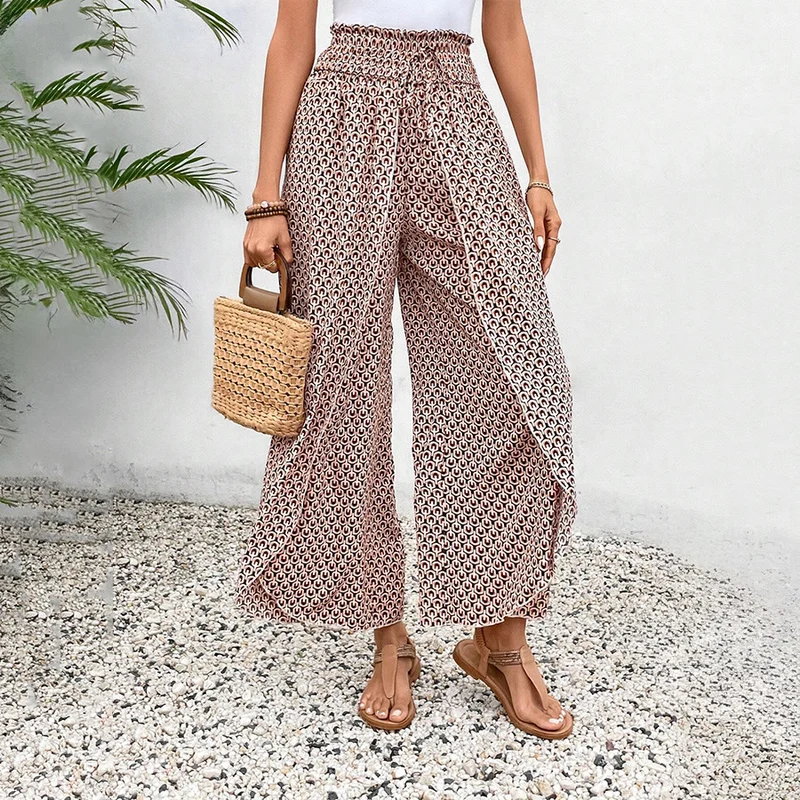 Olivenorma Damenhose mit Blumenmuster, hohem Bund, Kordelzug und weitem Bein