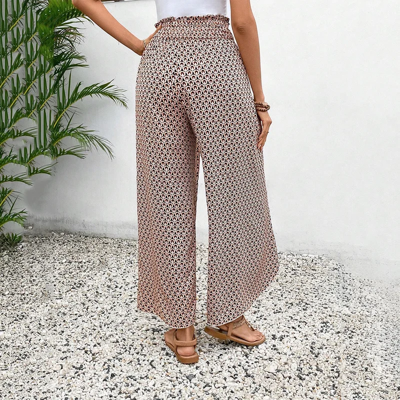 Olivenorma Damenhose mit Blumenmuster, hohem Bund, Kordelzug und weitem Bein