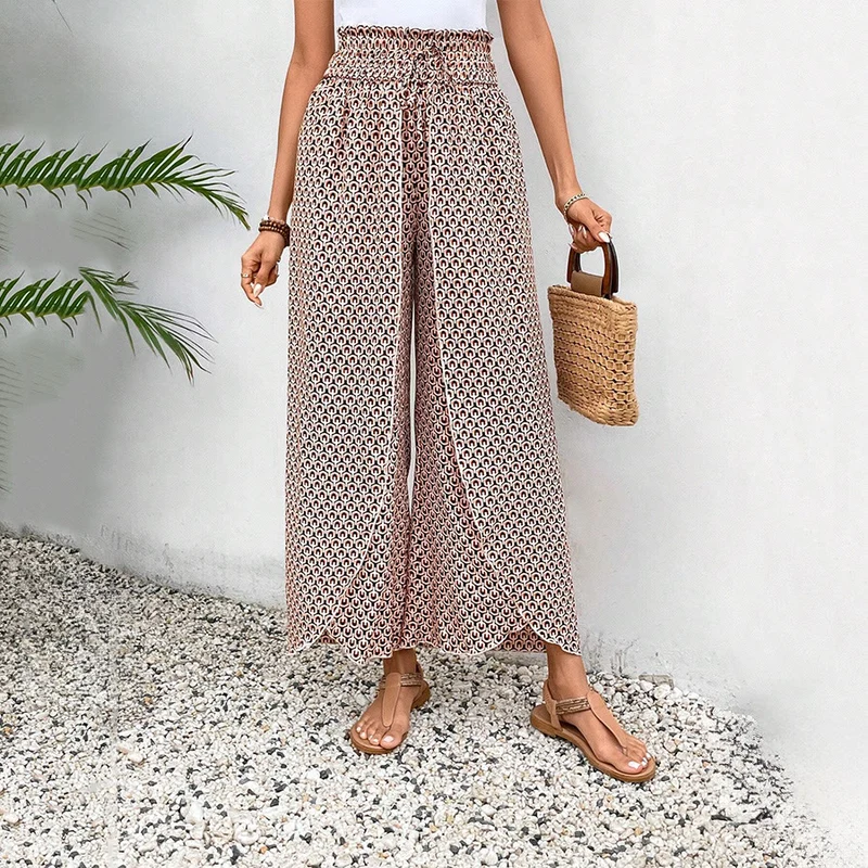 Olivenorma Damenhose mit Blumenmuster, hohem Bund, Kordelzug und weitem Bein