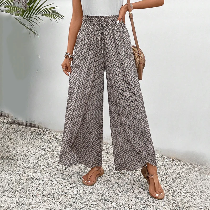 Olivenorma Damenhose mit Blumenmuster, hohem Bund, Kordelzug und weitem Bein