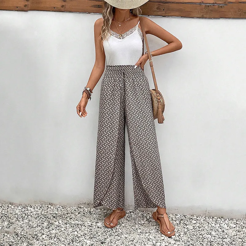 Olivenorma Damenhose mit Blumenmuster, hohem Bund, Kordelzug und weitem Bein