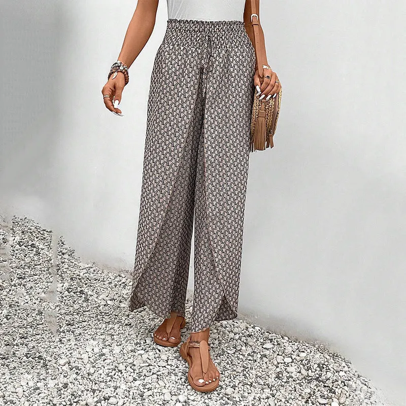 Olivenorma Damenhose mit Blumenmuster, hohem Bund, Kordelzug und weitem Bein