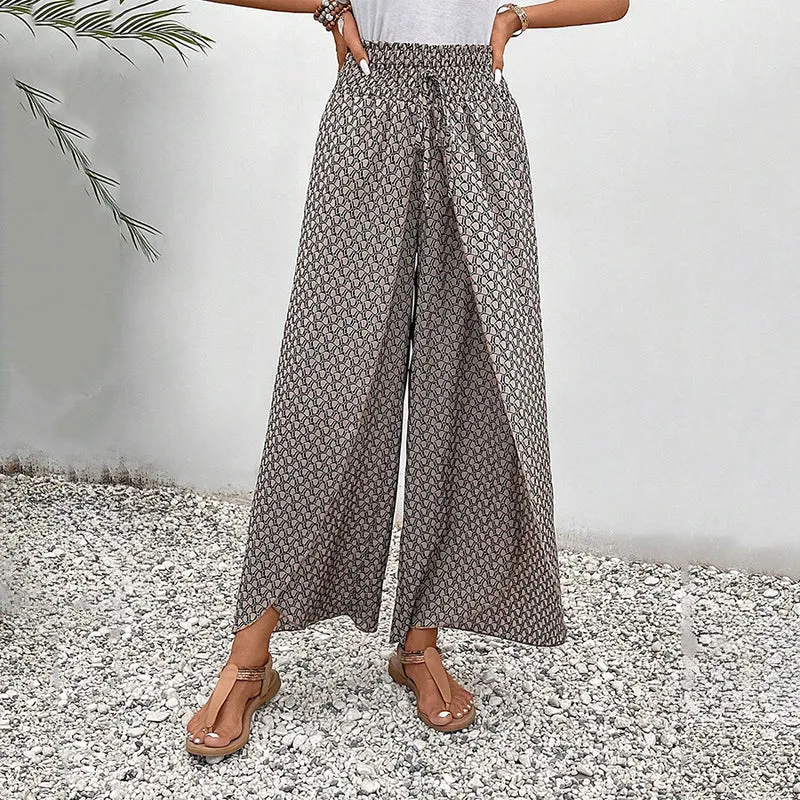 Olivenorma Damenhose mit Blumenmuster, hohem Bund, Kordelzug und weitem Bein