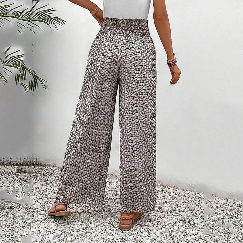 Olivenorma Damenhose mit Blumenmuster, hohem Bund, Kordelzug und weitem Bein