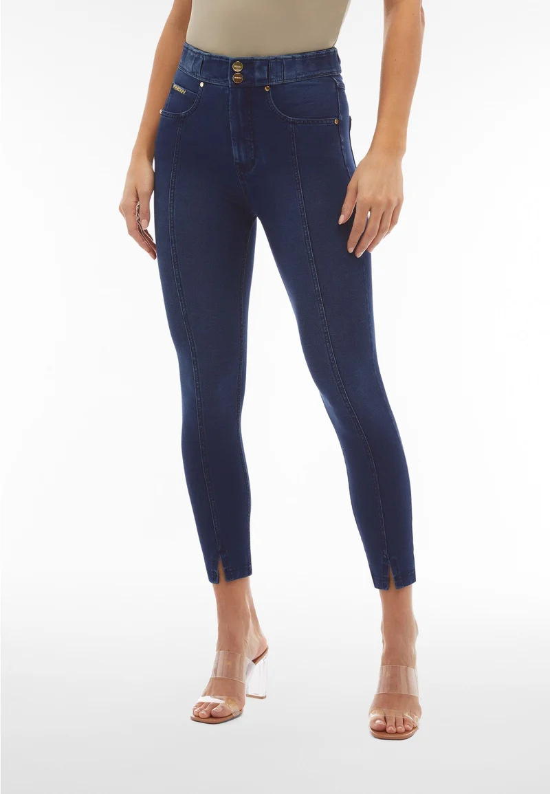 N.O.W. Comfort High Waist Skinny 7/8 Denim Jeans With Front Seam and Split Detail - Denim Dark Blue - Blue Seam
