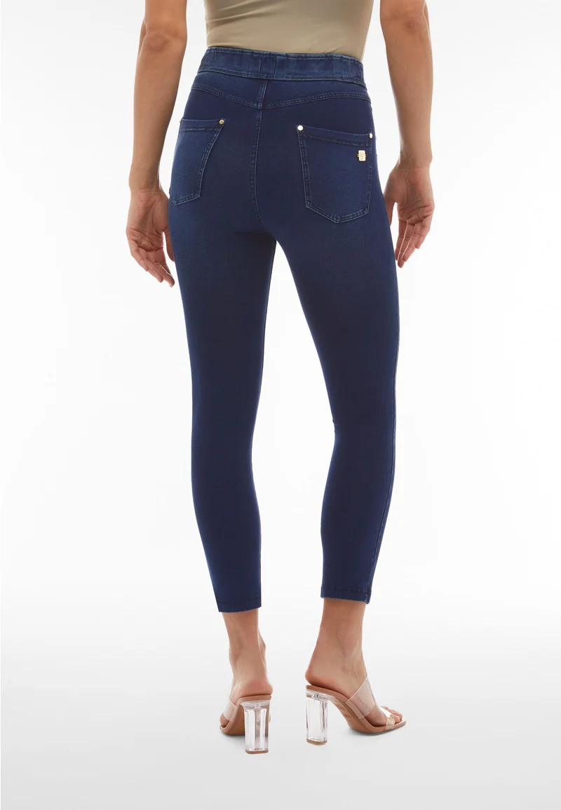 N.O.W. Comfort High Waist Skinny 7/8 Denim Jeans With Front Seam and Split Detail - Denim Dark Blue - Blue Seam