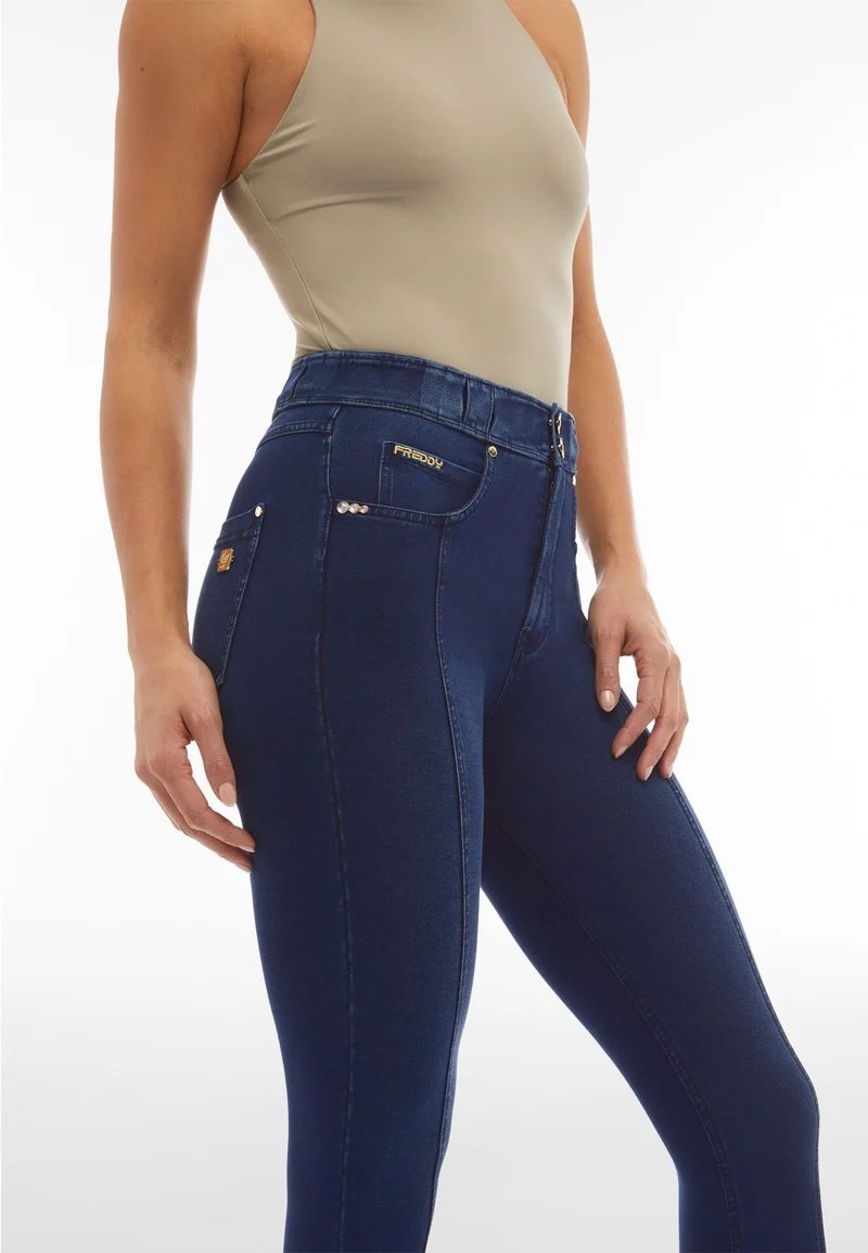 N.O.W. Comfort High Waist Skinny 7/8 Denim Jeans With Front Seam and Split Detail - Denim Dark Blue - Blue Seam