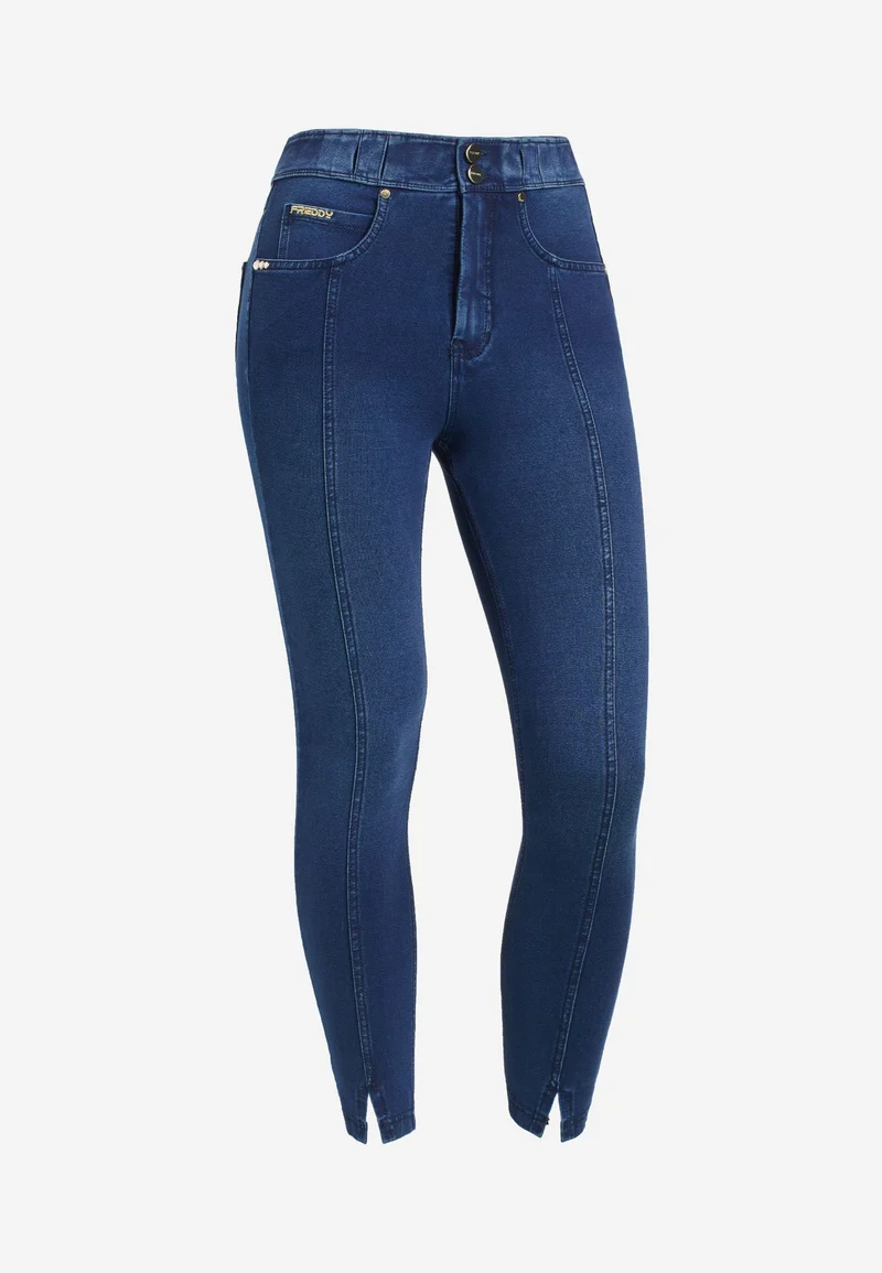 N.O.W. Comfort High Waist Skinny 7/8 Denim Jeans With Front Seam and Split Detail - Denim Dark Blue - Blue Seam