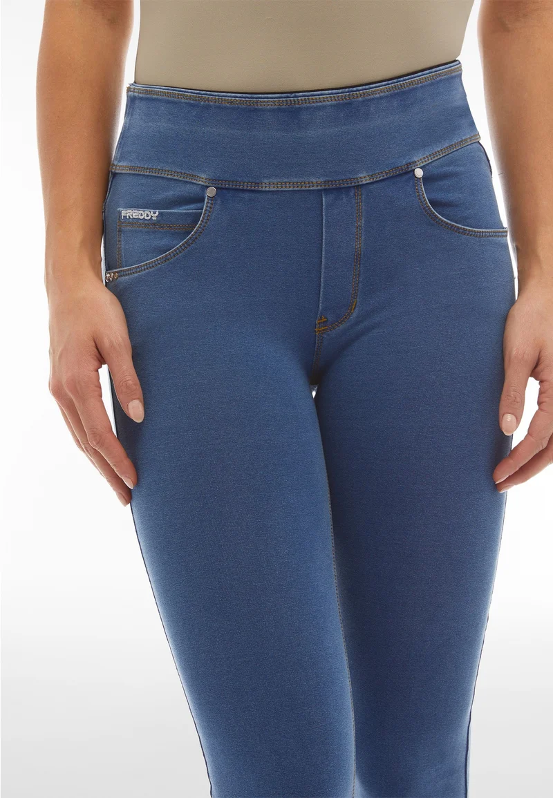 N.O.W. Yoga Mid Waist Skinny Denim Jeans - Denim Light Blue - Yellow Seam