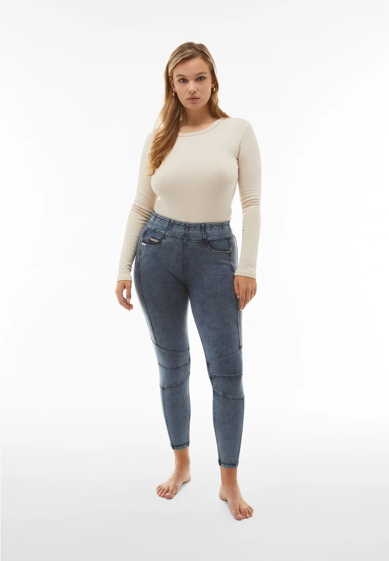 N.O.W. Yoga Mid Waist Skinny 7/8 Denim Jeans With Knee Patches - Denim Medium Blue - Blue Seam