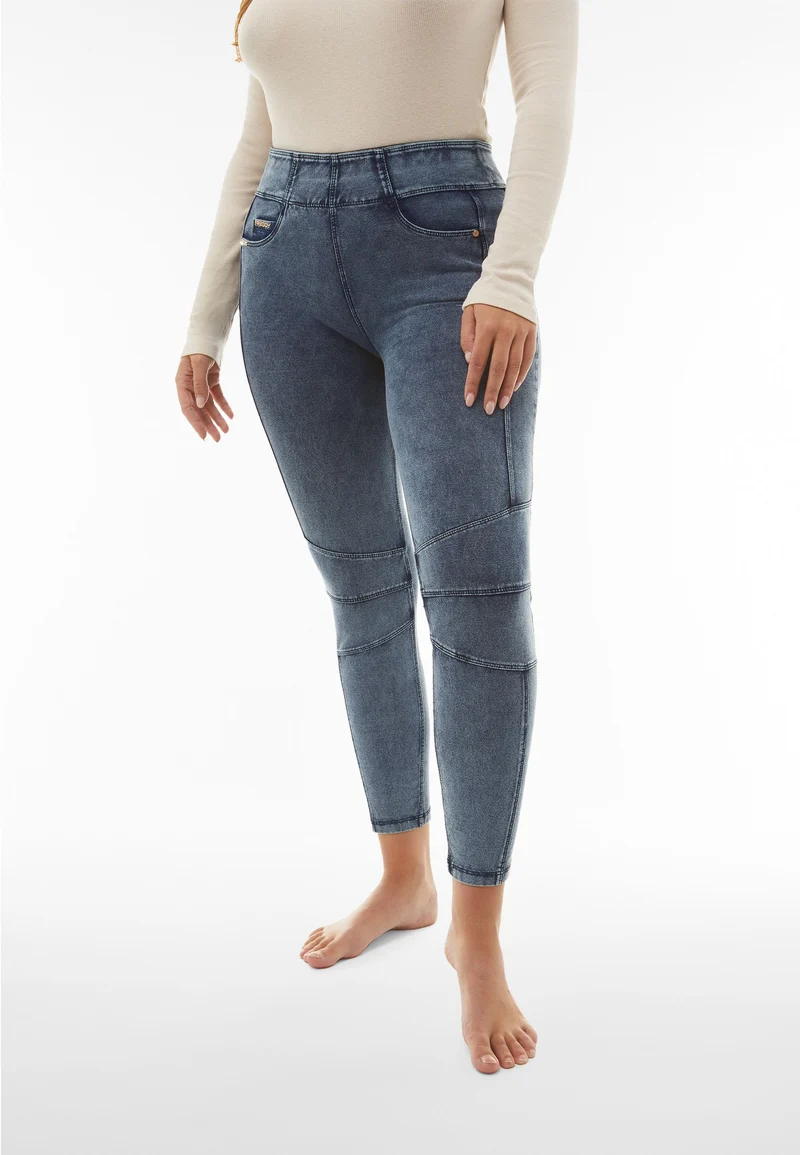 N.O.W. Yoga Mid Waist Skinny 7/8 Denim Jeans With Knee Patches - Denim Medium Blue - Blue Seam