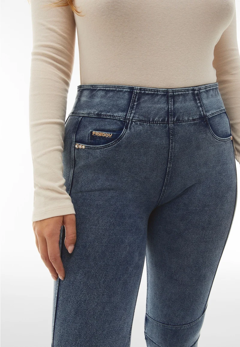 N.O.W. Yoga Mid Waist Skinny 7/8 Denim Jeans With Knee Patches - Denim Medium Blue - Blue Seam