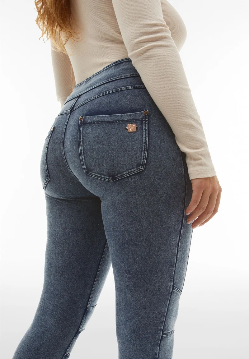N.O.W. Yoga Mid Waist Skinny 7/8 Denim Jeans With Knee Patches - Denim Medium Blue - Blue Seam