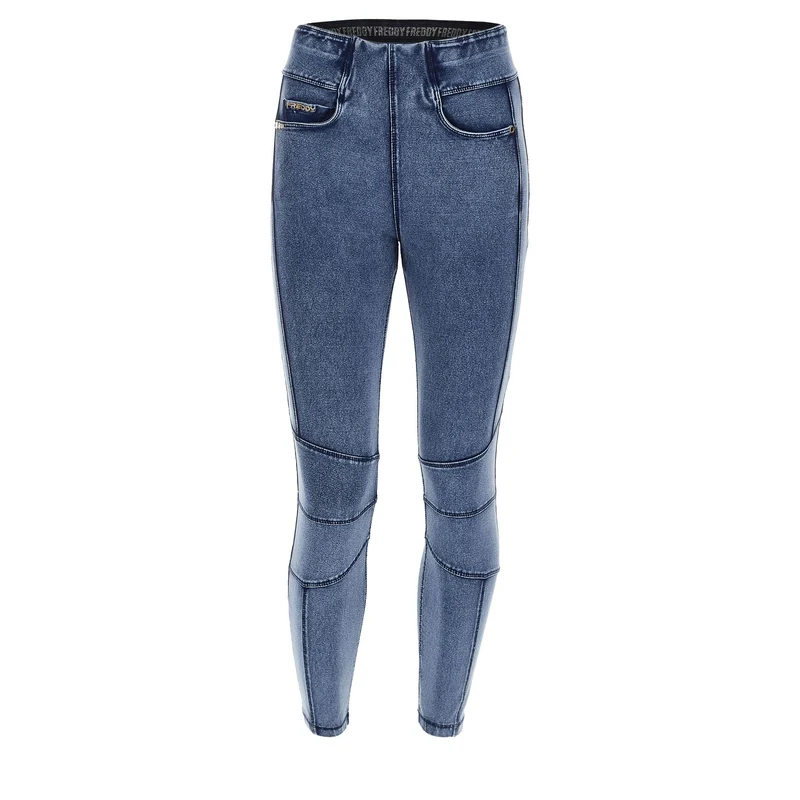 N.O.W. Yoga Mid Waist Skinny 7/8 Denim Jeans With Knee Patches - Denim Medium Blue - Blue Seam