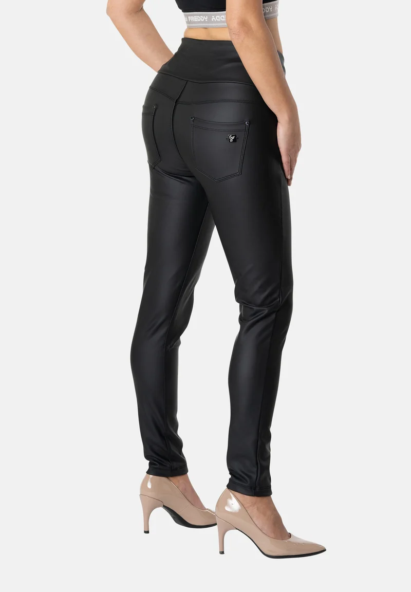 N.O.W. Yoga High Waist Skinny Vegan Leather Pant With Crossed Waist Band - Black