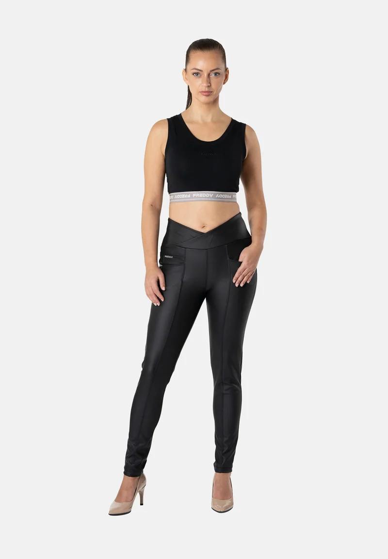 N.O.W. Yoga High Waist Skinny Vegan Leather Pant With Crossed Waist Band - Black