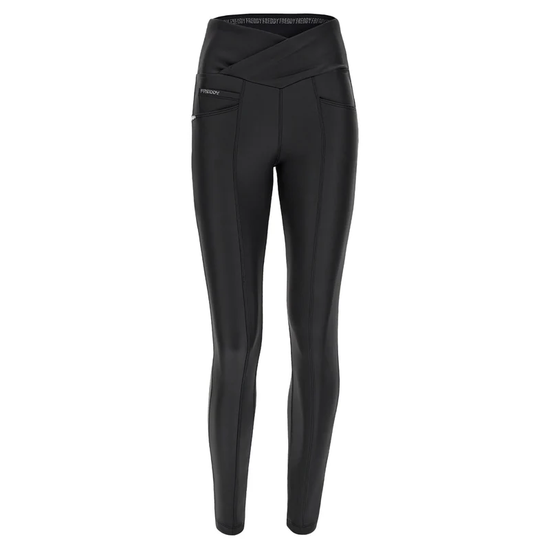 N.O.W. Yoga High Waist Skinny Vegan Leather Pant With Crossed Waist Band - Black