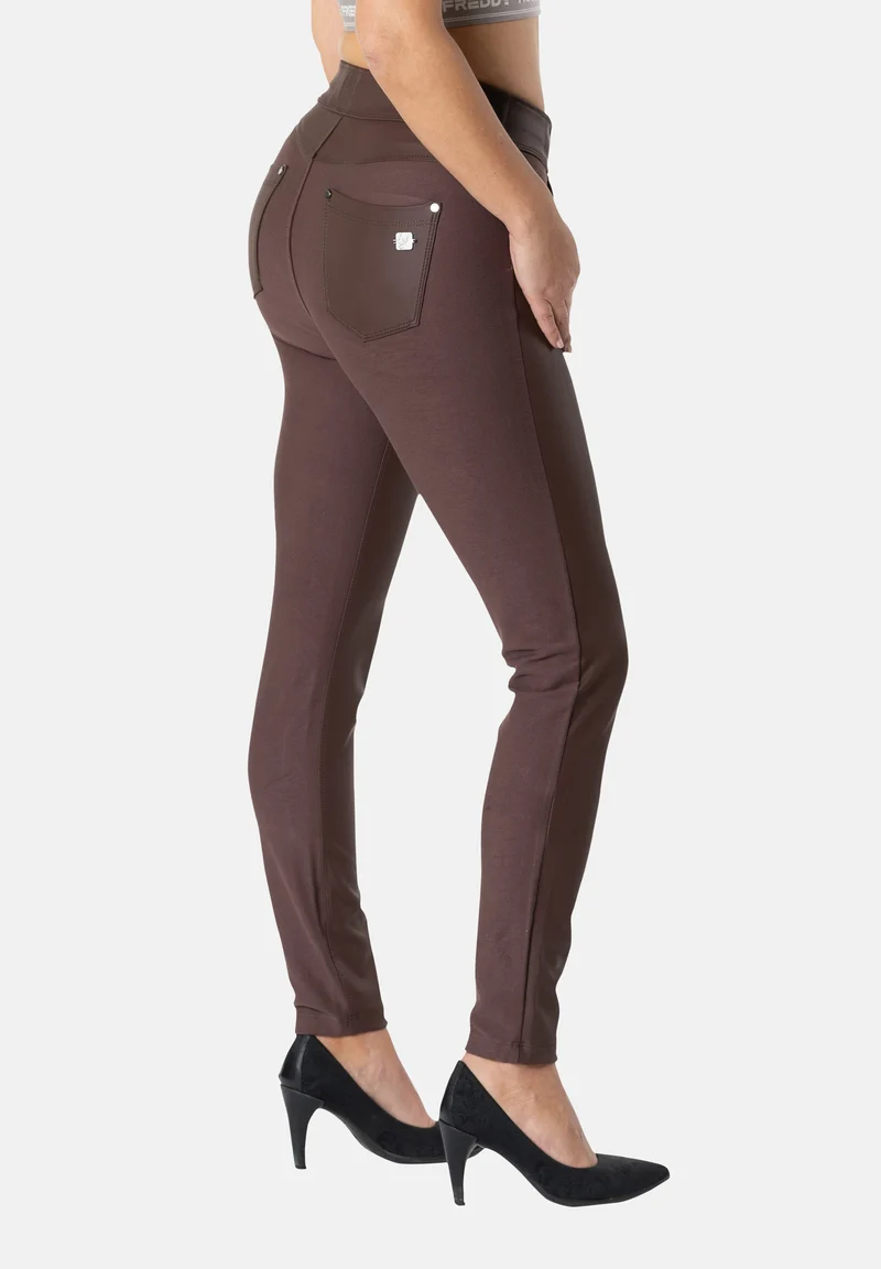 N.O.W. Comfort Mid Waist Skinny Pant With Vegan Leather Pant Front - French Roast Brown