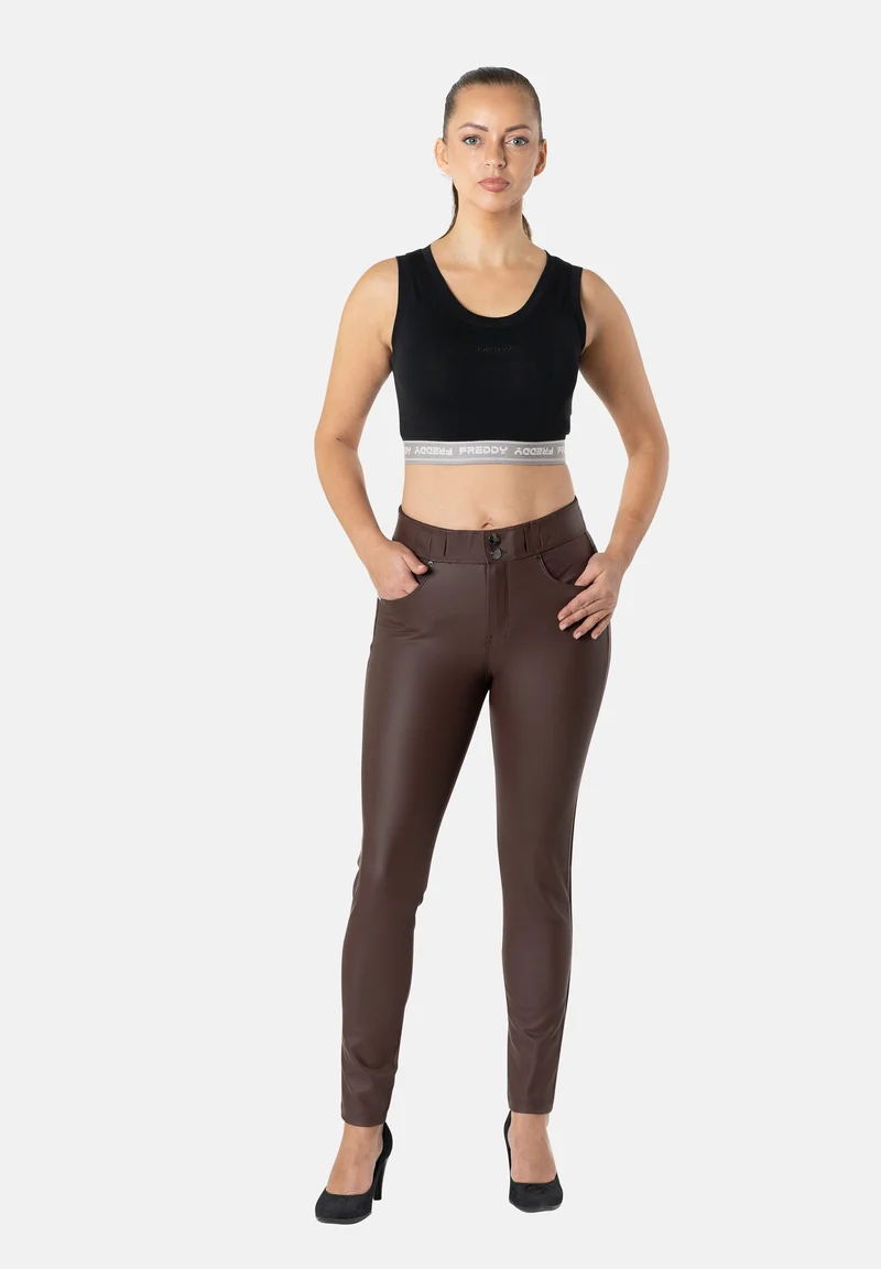 N.O.W. Comfort Mid Waist Skinny Pant With Vegan Leather Pant Front - French Roast Brown