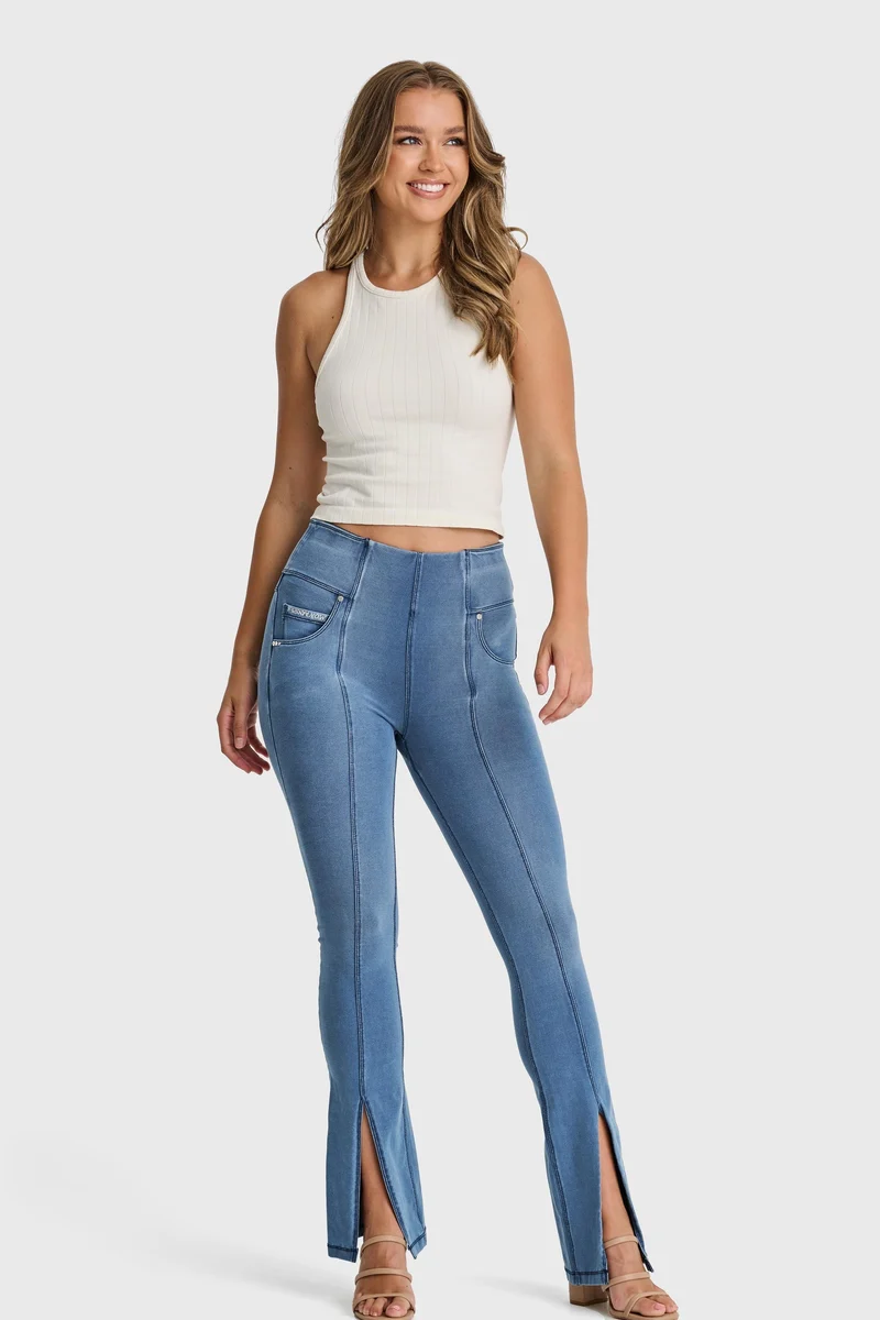 N.O.W. Yoga High Waist Wide Cropped Denim Jeans With Front Seam and Split - Denim Light Blue - Blue Seam