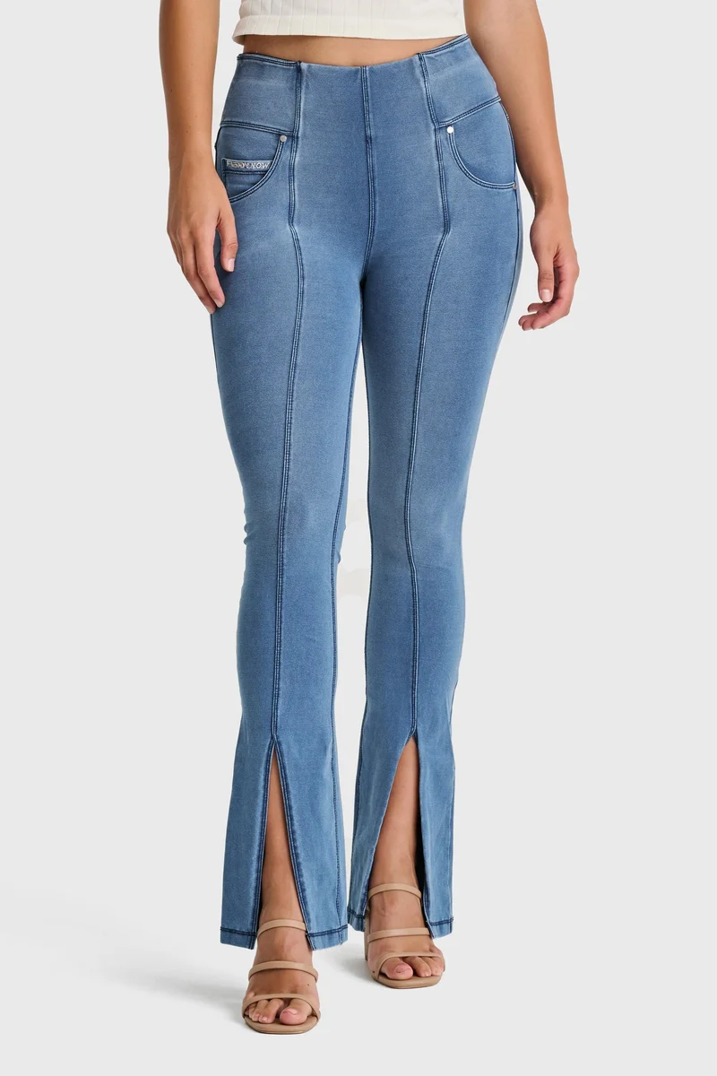 N.O.W. Yoga High Waist Wide Cropped Denim Jeans With Front Seam and Split - Denim Light Blue - Blue Seam