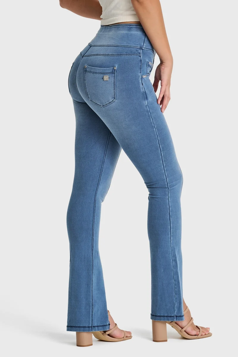 N.O.W. Yoga High Waist Wide Cropped Denim Jeans With Front Seam and Split - Denim Light Blue - Blue Seam