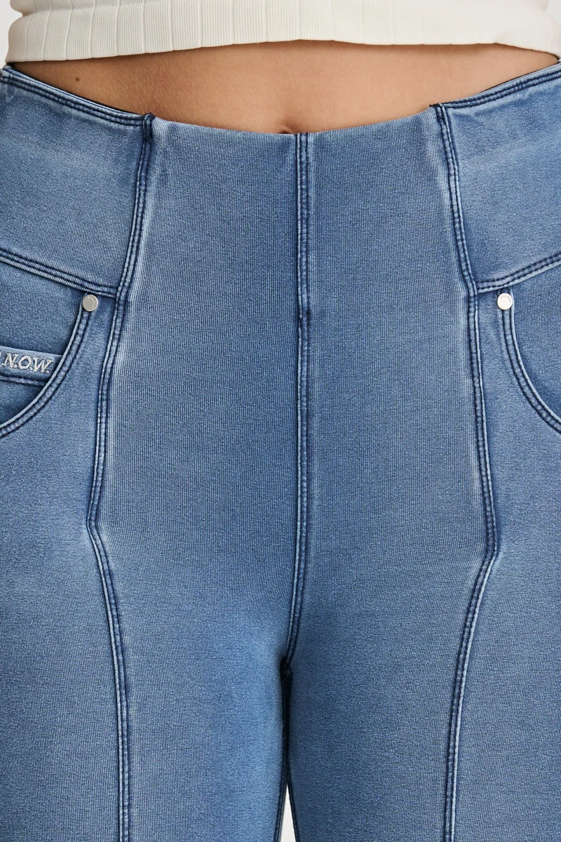 N.O.W. Yoga High Waist Wide Cropped Denim Jeans With Front Seam and Split - Denim Light Blue - Blue Seam