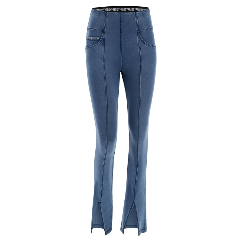 N.O.W. Yoga High Waist Wide Cropped Denim Jeans With Front Seam and Split - Denim Light Blue - Blue Seam