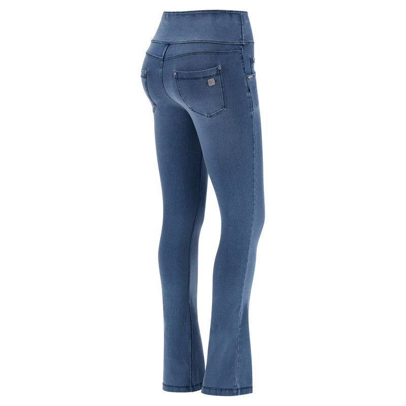 N.O.W. Yoga High Waist Wide Cropped Denim Jeans With Front Seam and Split - Denim Light Blue - Blue Seam