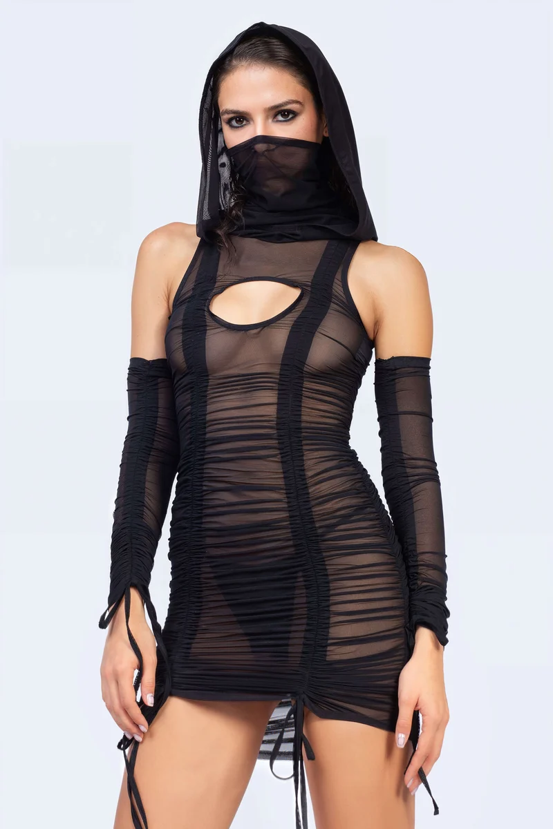 Horizon Black Hooded Ruched Dress