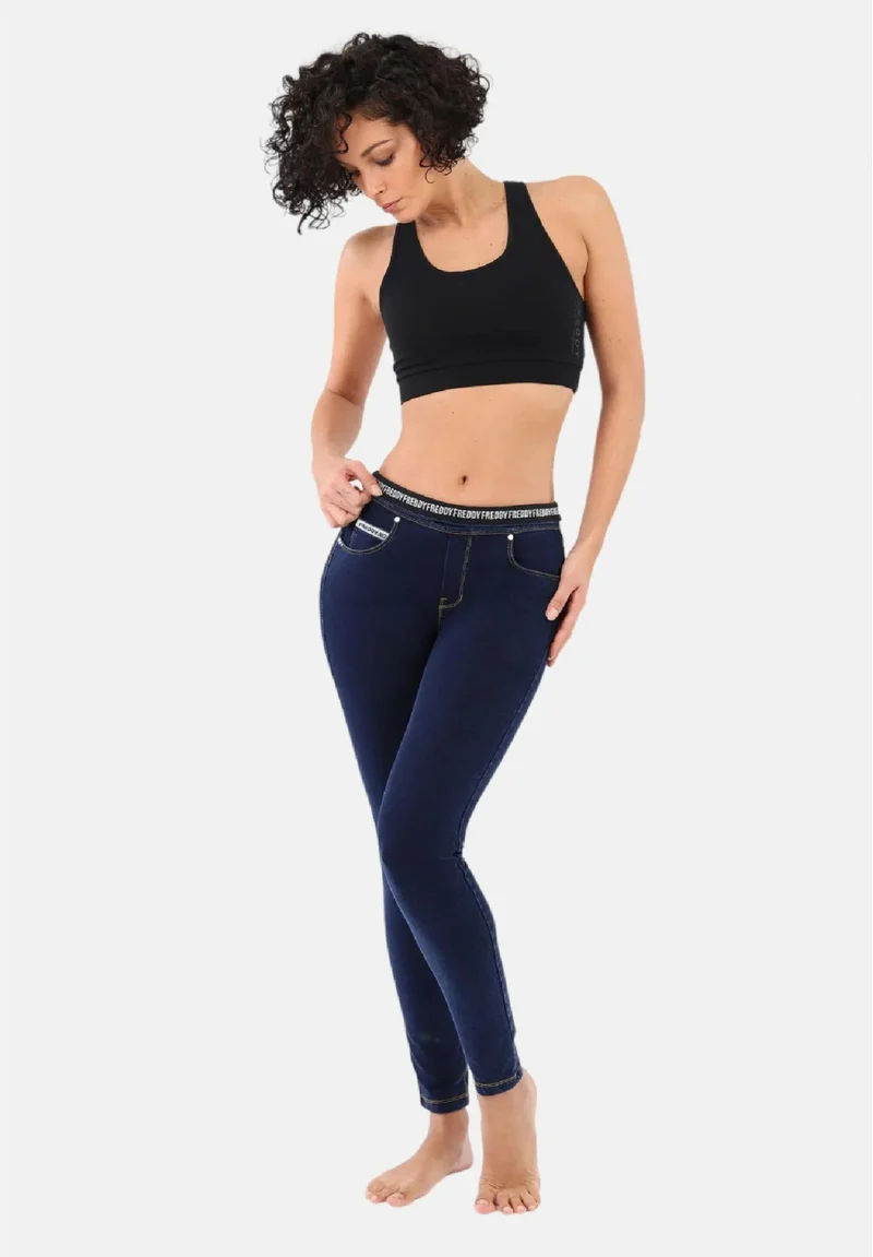 N.O.W. Yoga Mid Waist Skinny Denim Jeans - Denim Dark Blue - Yellow Seam
