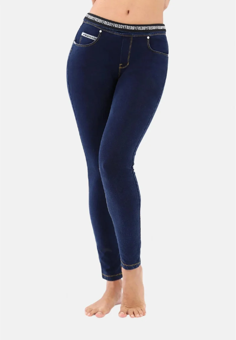 N.O.W. Yoga Mid Waist Skinny Denim Jeans - Denim Dark Blue - Yellow Seam