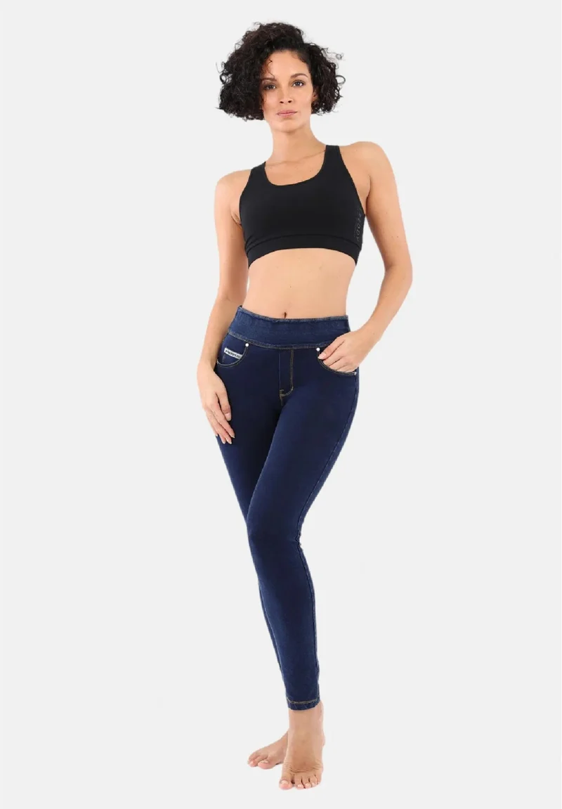 N.O.W. Yoga Mid Waist Skinny Denim Jeans - Denim Dark Blue - Yellow Seam