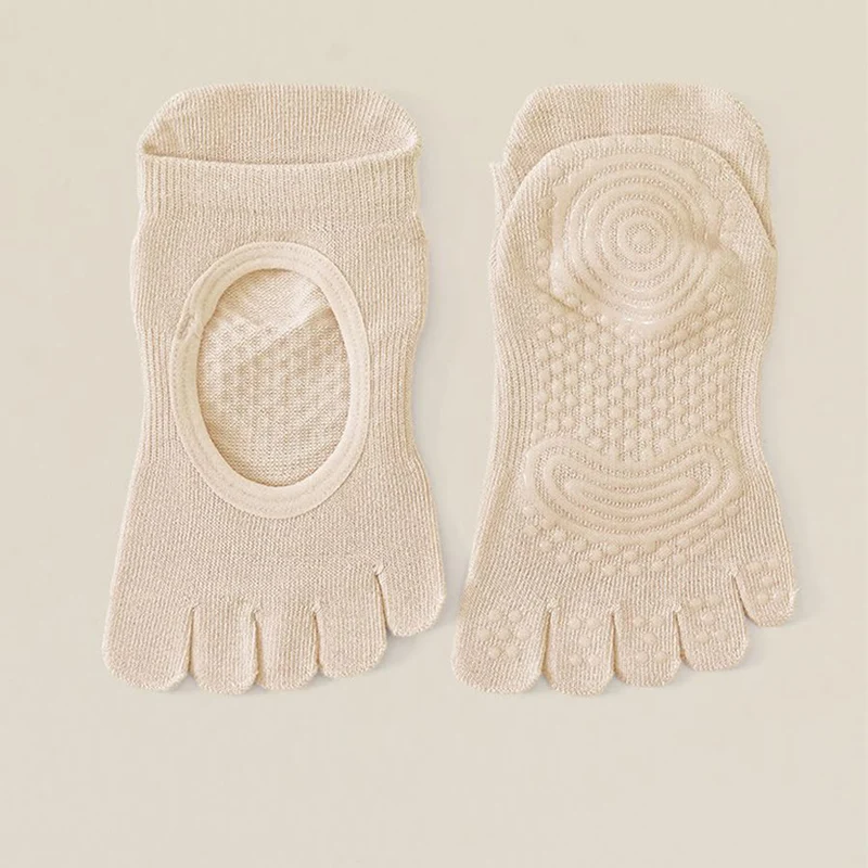 Olivenorma Zehenfreie Baumwollsocken mit fünf Zehen, rutschfest, atmungsaktiv und schweißabsorbierend – ideal für Barre-Workouts und Yoga.
