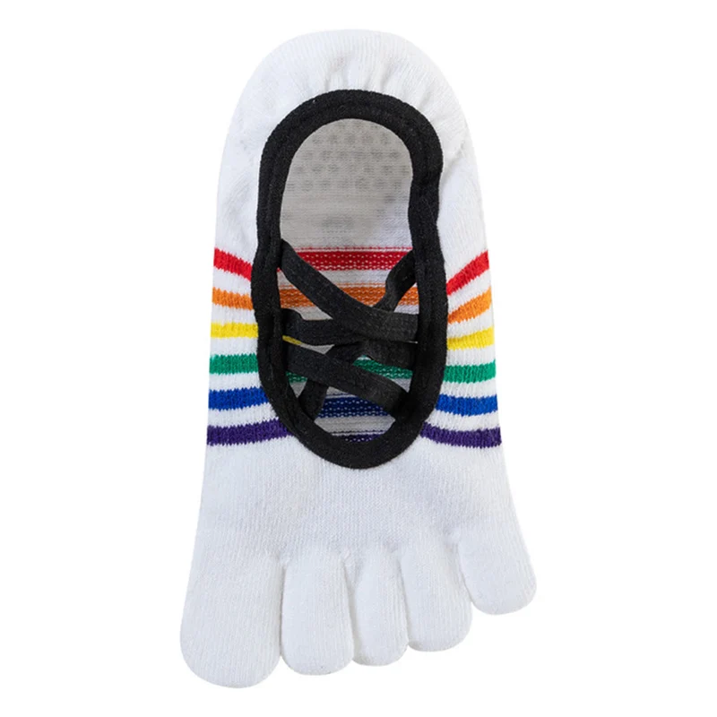 Olivenorma Zehensocken mit gekreuzten Riemen, offener Ferse, Regenbogenfarben, rutschfest, atmungsaktiv